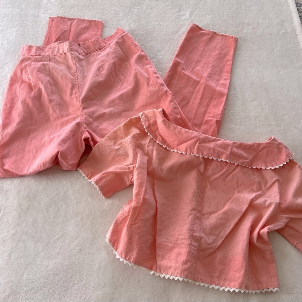 Vintage Scalloped Pink Blouse and High Waist Pants Set - Picture 1 of 13